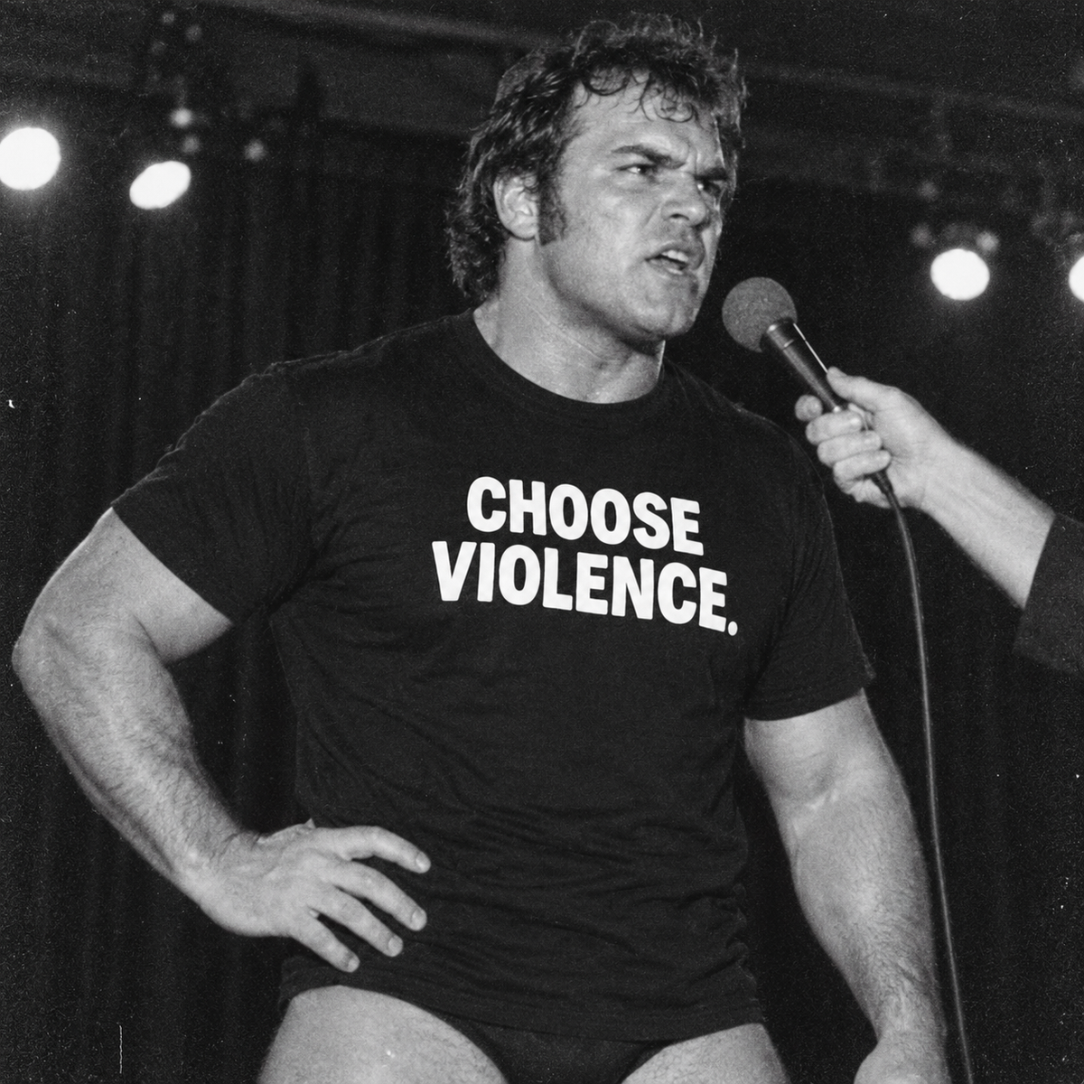 AI-generated wrestling promo mockup featuring the Choose Violence black T-shirt