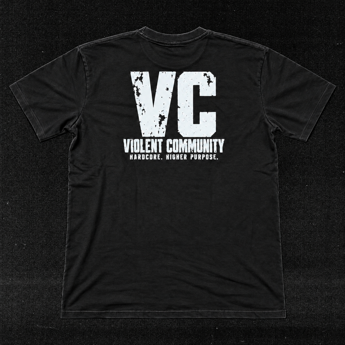 Hardcore Higher Purpose washed-black garment-dyed tee back product mockup