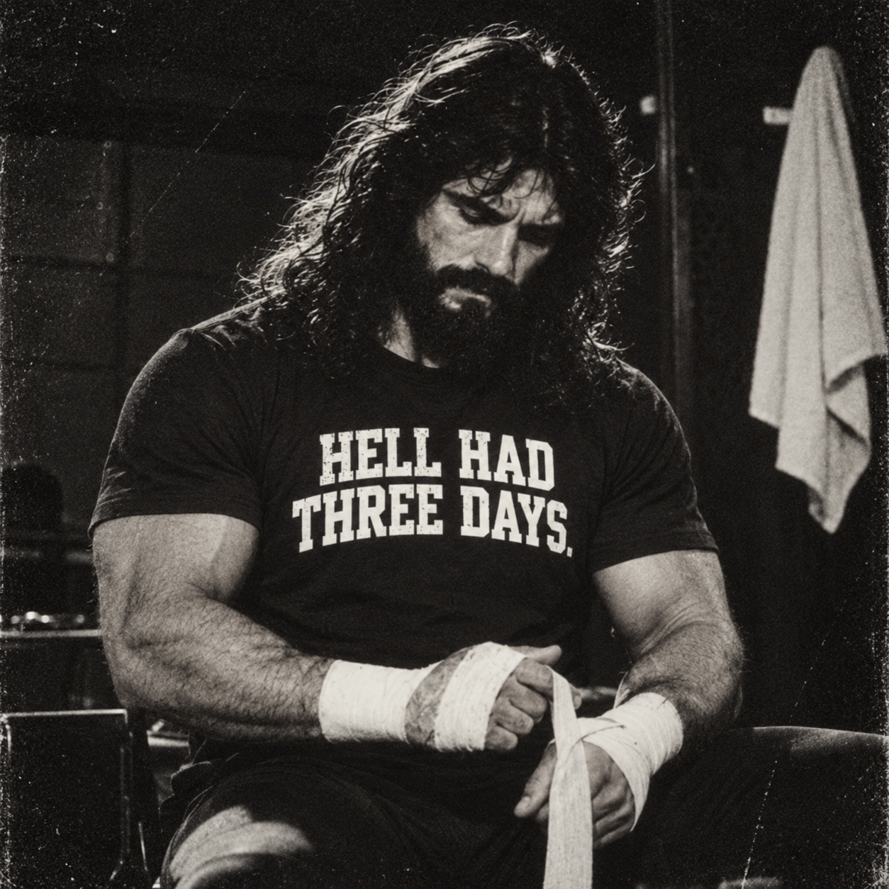 AI-generated lifestyle mockup of a Jesus-like wrestler wearing the Hell Had Three Days short-sleeve black tee